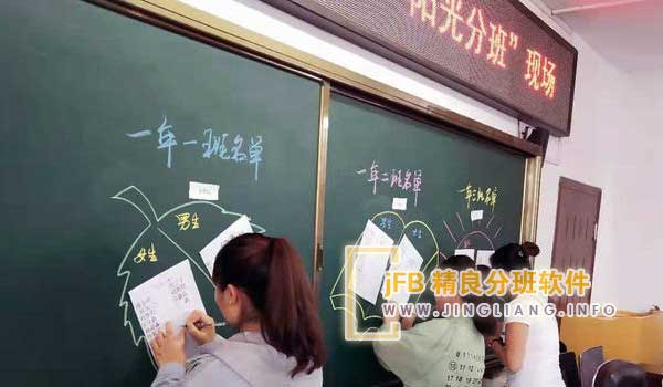 jFB精良分班软件阳光分班现场：学校采用分班软件现场划分自然组，并公布在校园醒目区域。事先，学校多次向教师宣讲相关政策，强调“阳光分班”的严格执行，杜绝任何徇私舞弊行为。